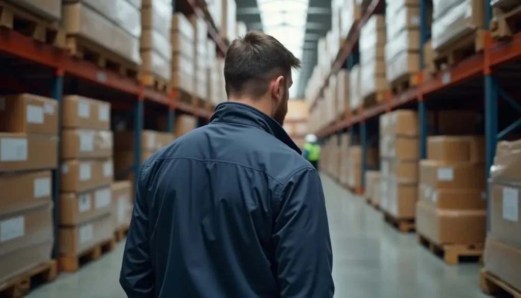 Inspector examining stacked pallets in a warehouse aisle
