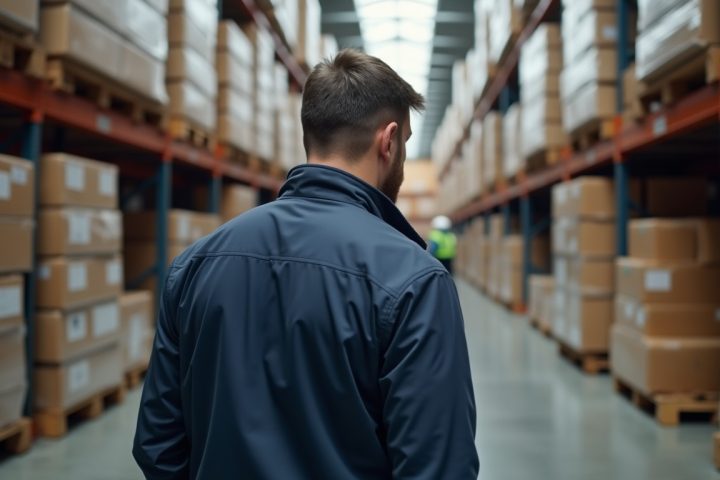 Inspector examining stacked pallets in a warehouse aisle