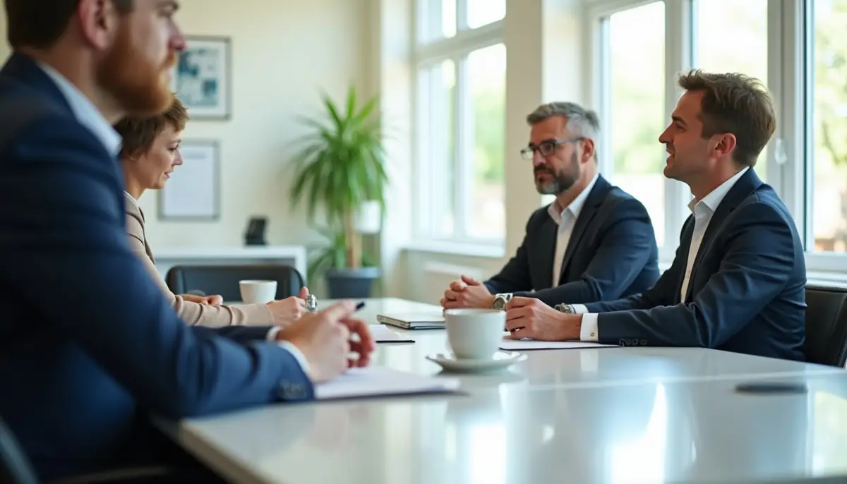 Officials in conversation at a meeting room table