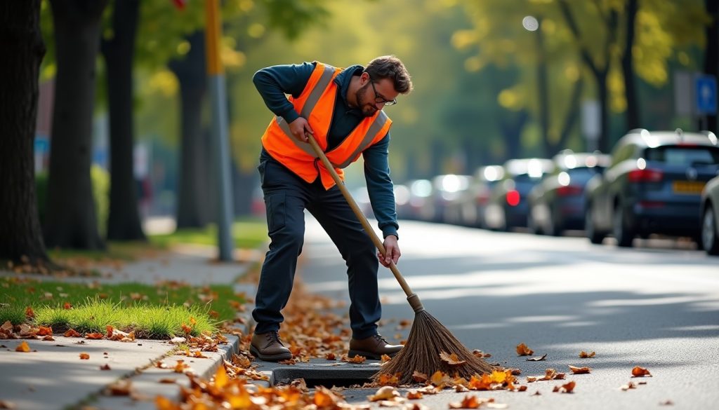 City worker in a high-visibility vest clearing leaves from a storm drain