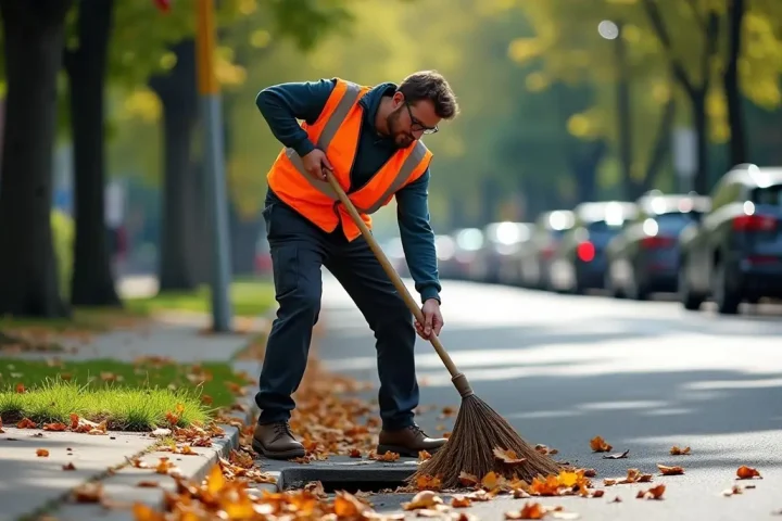 City worker in a high-visibility vest clearing leaves from a storm drain