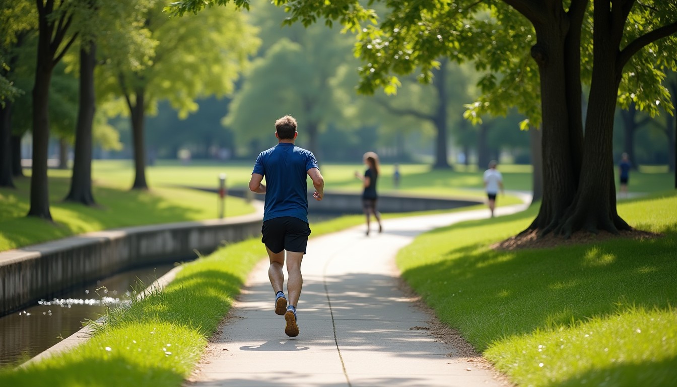 Jogger running beside a concrete-lined urban creek in a park