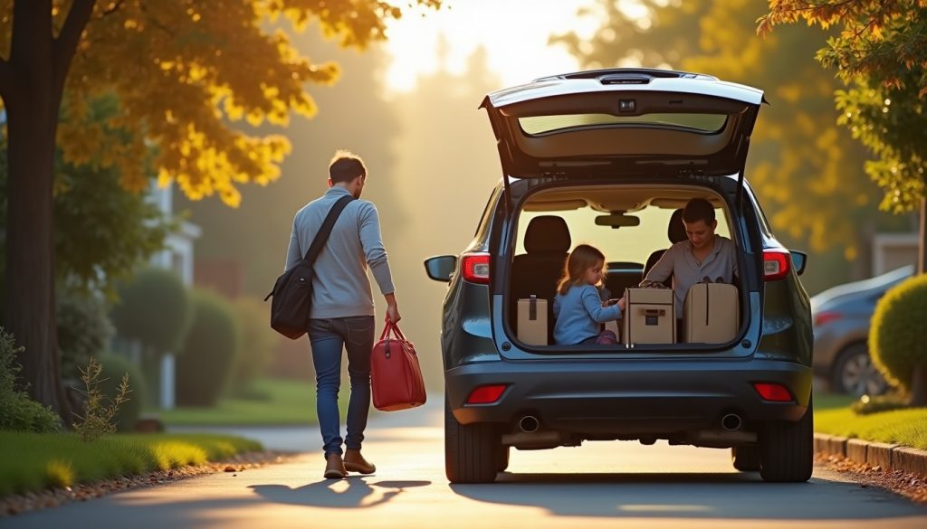 Family loading bags and a pet carrier into a car, leaving the house for the day