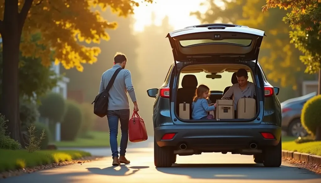 Family loading bags and a pet carrier into a car, leaving the house for the day