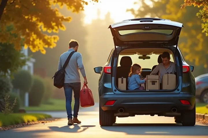 Family loading bags and a pet carrier into a car, leaving the house for the day