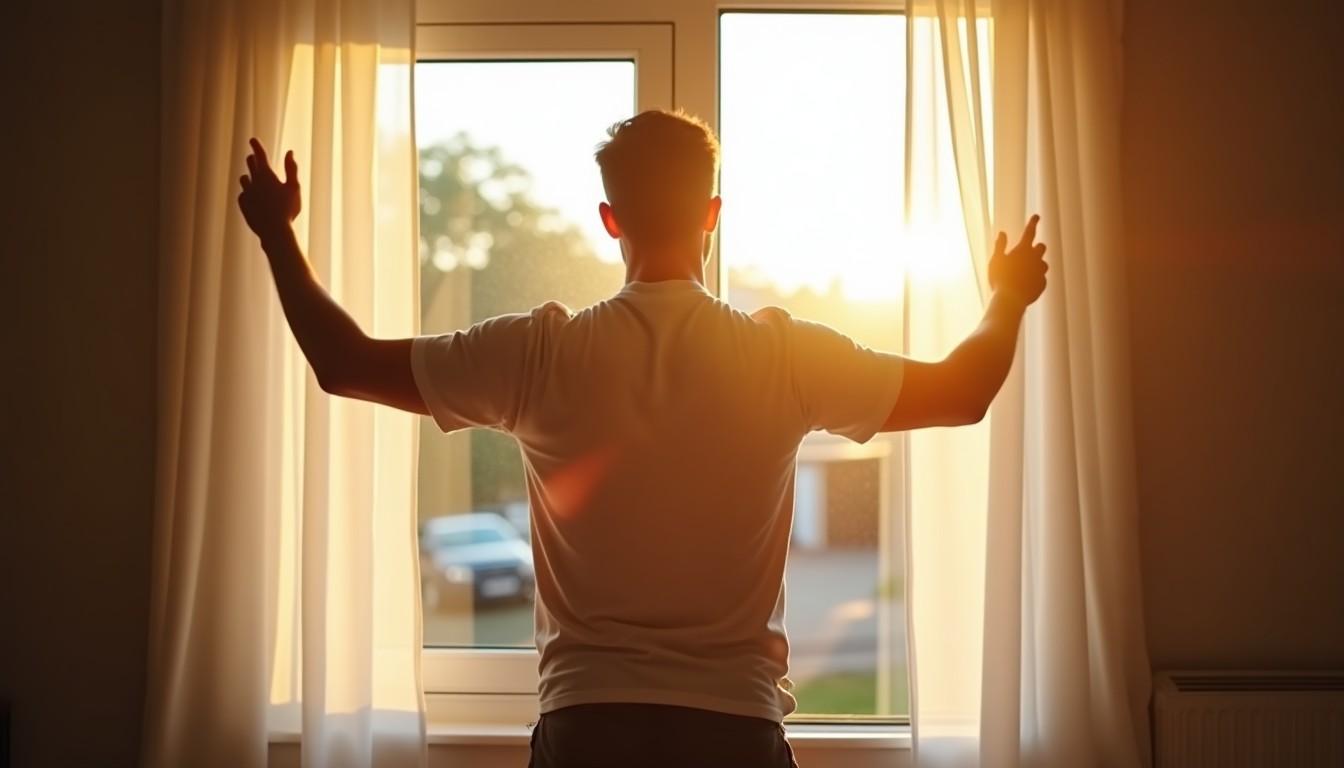 Man opening the windows of a sunny living room