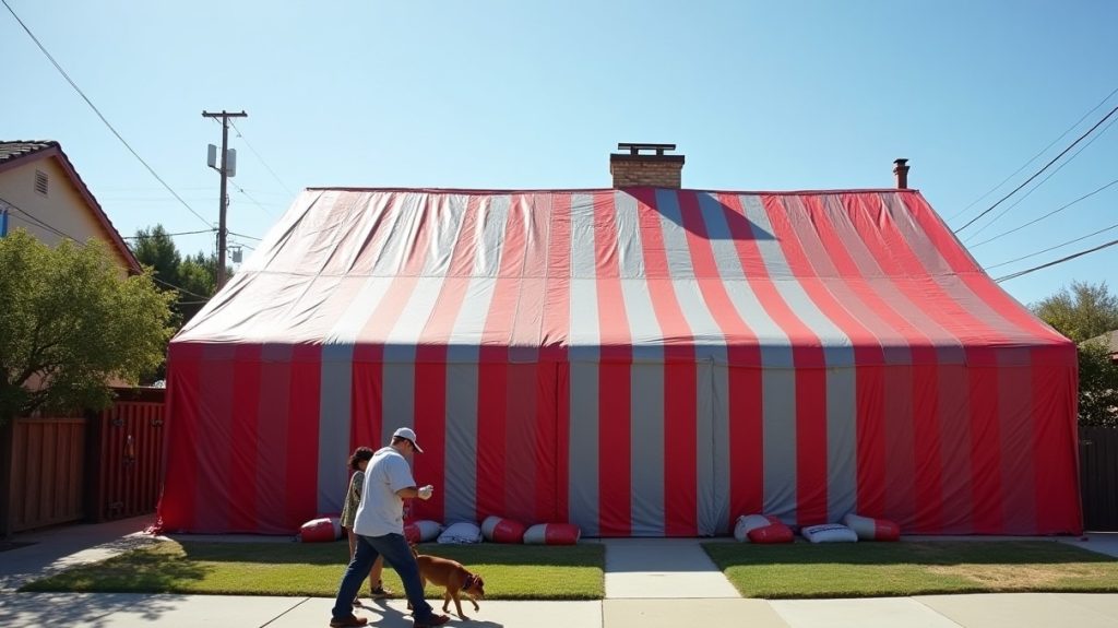 House covered by a red and grey striped fumigation tent, a neighbour walking a dog past
