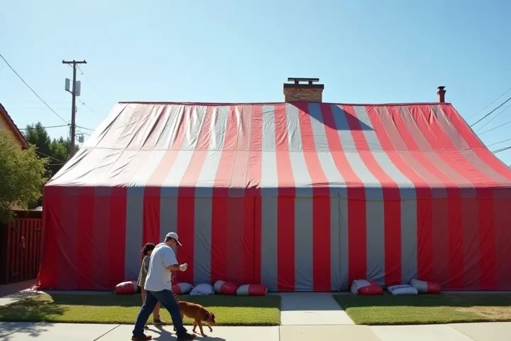 House covered by a red and grey striped fumigation tent, a neighbour walking a dog past