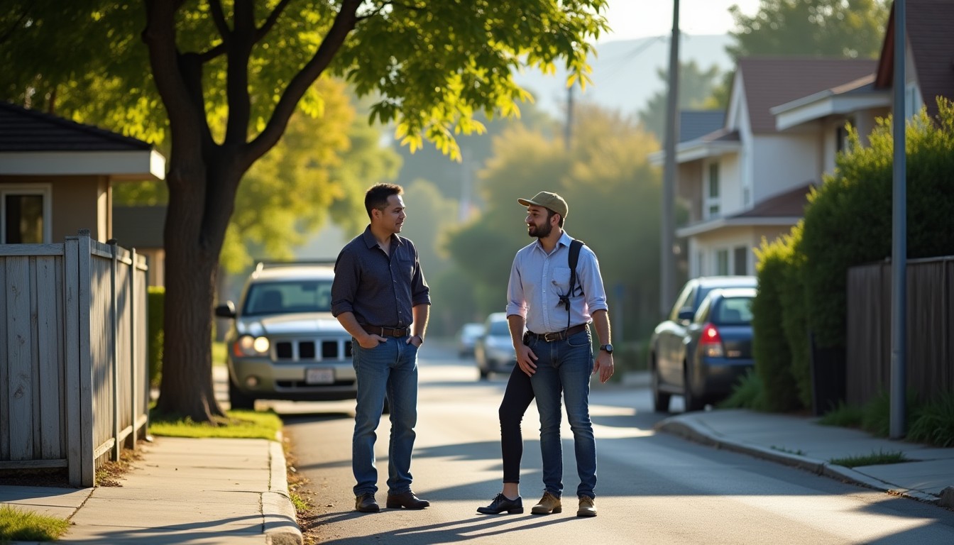 Two neighbours talking across a front fence on a sunny Californian street