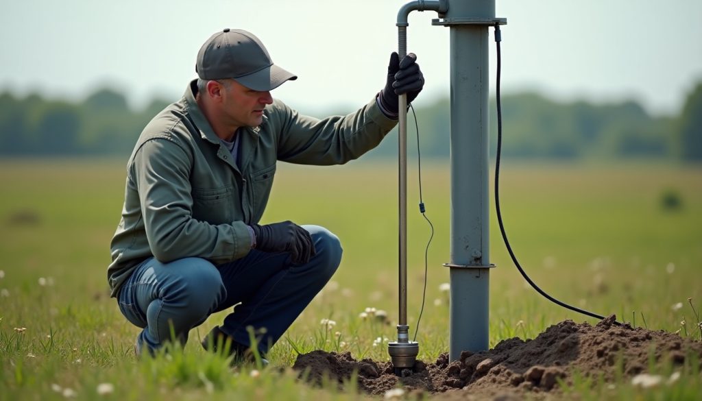 Hydrologist lowering a probe into a groundwater well head in a farm field
