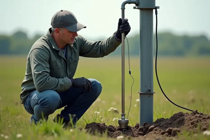Hydrologist lowering a probe into a groundwater well head in a farm field