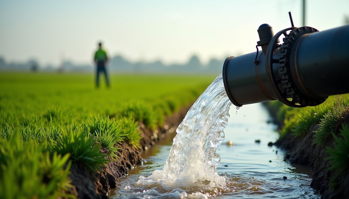 Irrigation water gushing from a pipe beside a green crop field