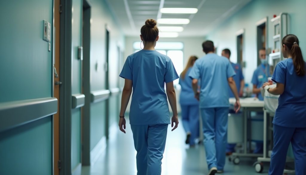 Nurse in blue scrubs walking along a busy hospital corridor