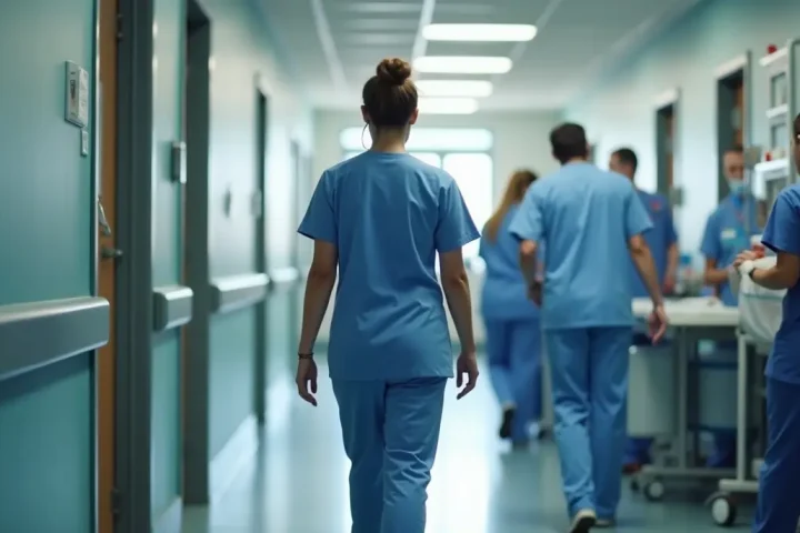 Nurse in blue scrubs walking along a busy hospital corridor