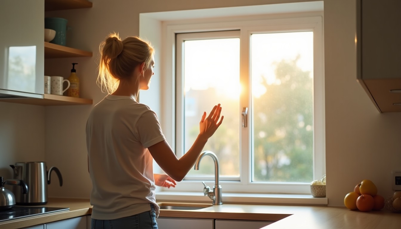Woman opening a kitchen window wide to air the room