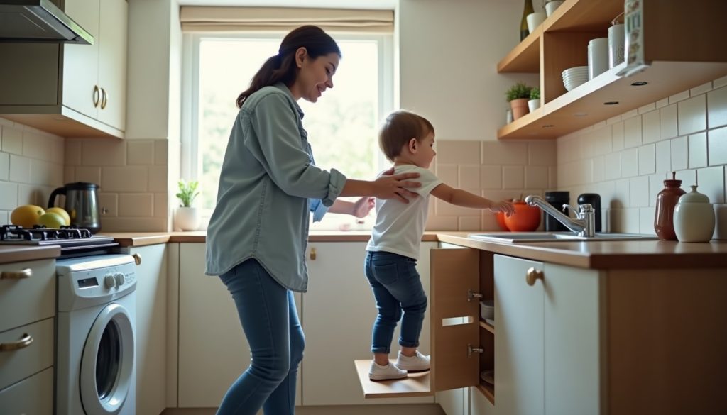 Mother lifting a toddler away from an open low cupboard in a family kitchen