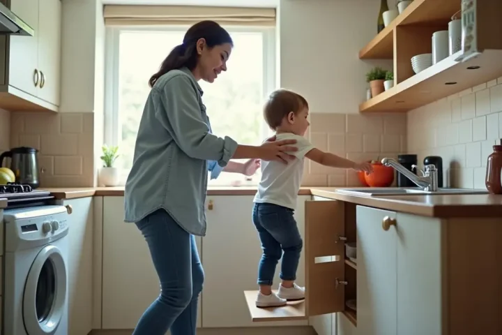 Mother lifting a toddler away from an open low cupboard in a family kitchen