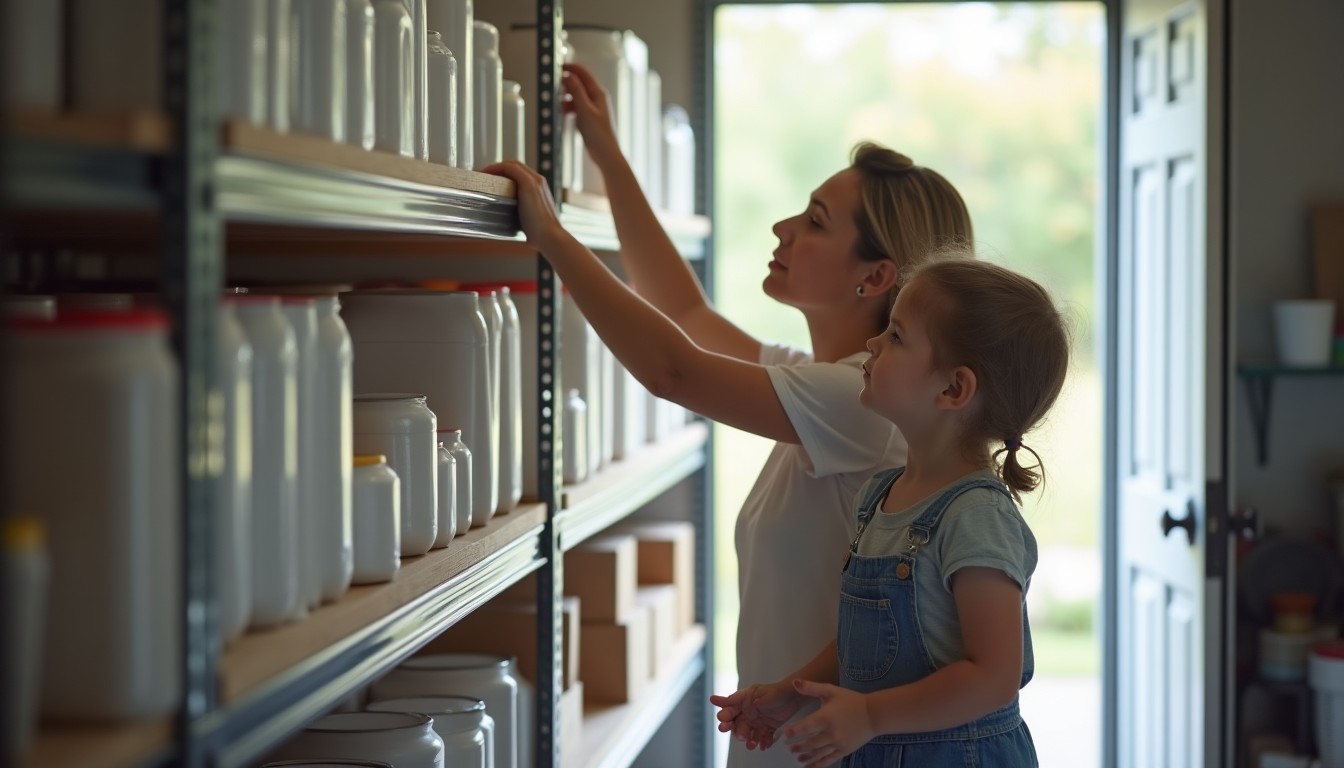 Parent placing containers on a high garage shelf out of a child's reach