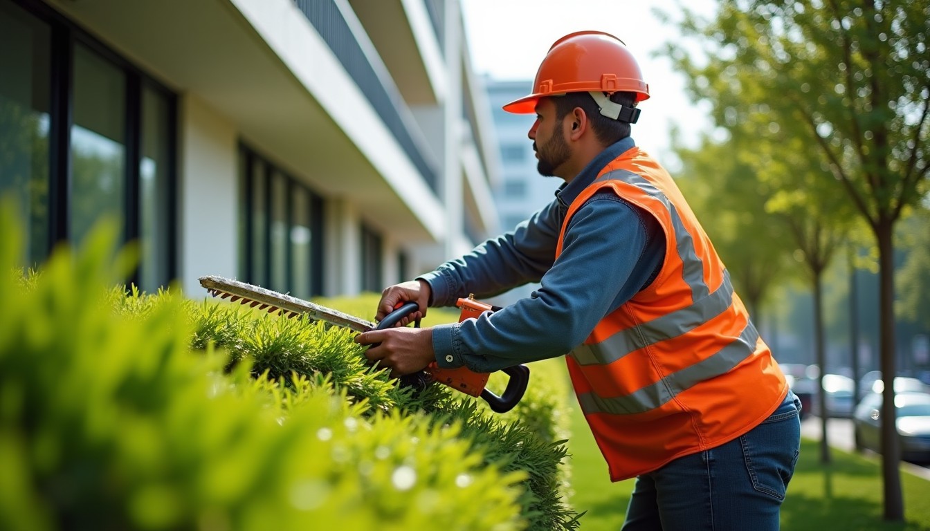 Landscape crew member trimming a hedge outside an office building