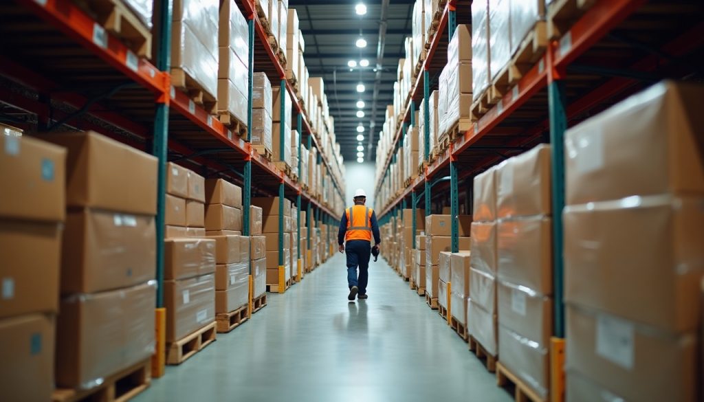 Warehouse aisles of racking stacked with pallets of boxes, a worker walking between them