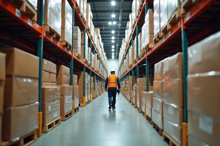 Warehouse aisles of racking stacked with pallets of boxes, a worker walking between them