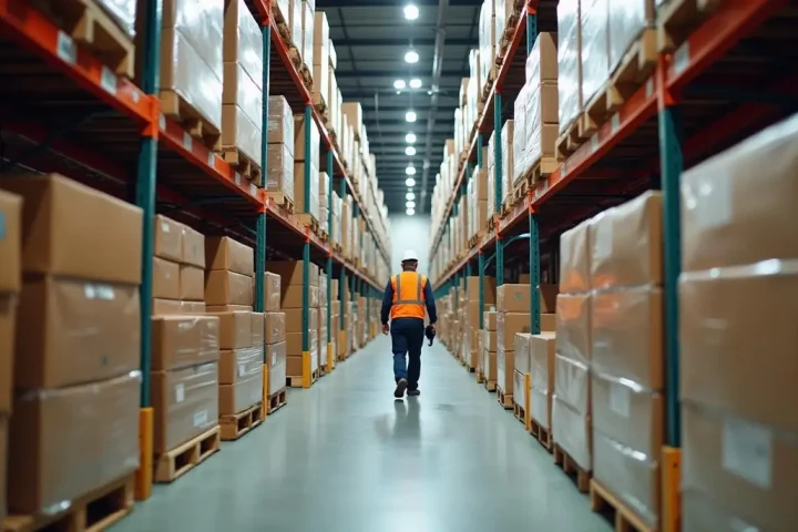 Warehouse aisles of racking stacked with pallets of boxes, a worker walking between them