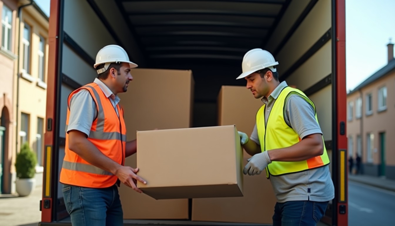 Workers loading cartons into the back of a delivery truck