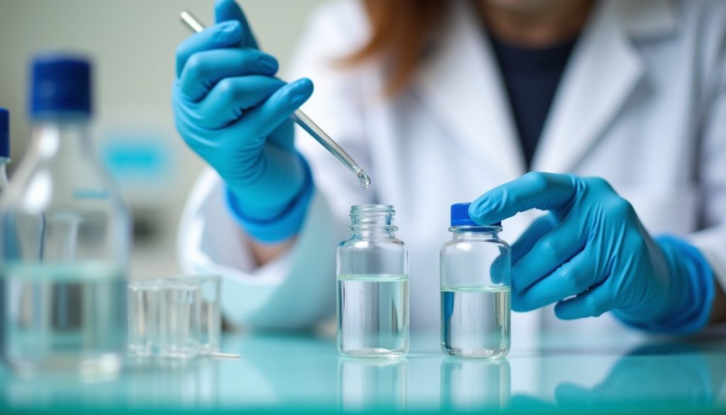 Scientist pipetting water samples into small glass vials at a laboratory bench