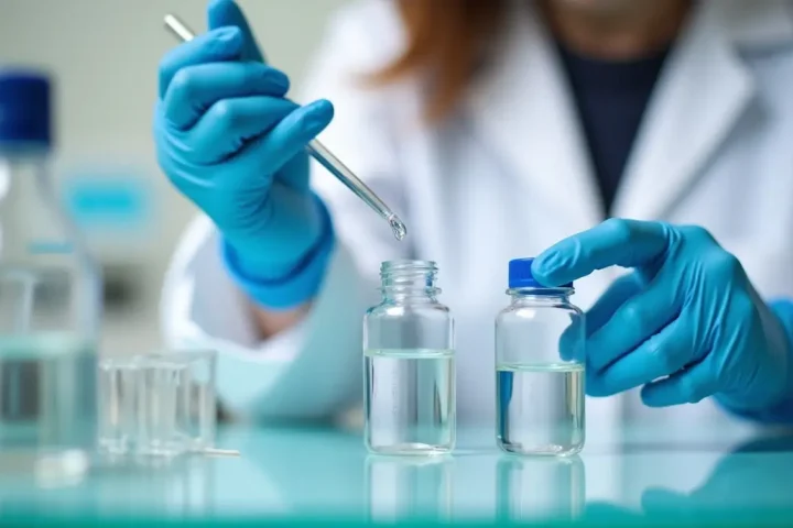 Scientist pipetting water samples into small glass vials at a laboratory bench