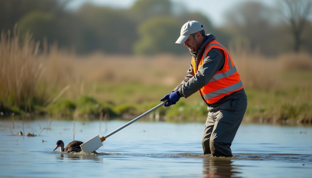 Field worker in a high-visibility vest sampling marsh water with a long-handled dipper