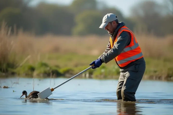 Field worker in a high-visibility vest sampling marsh water with a long-handled dipper