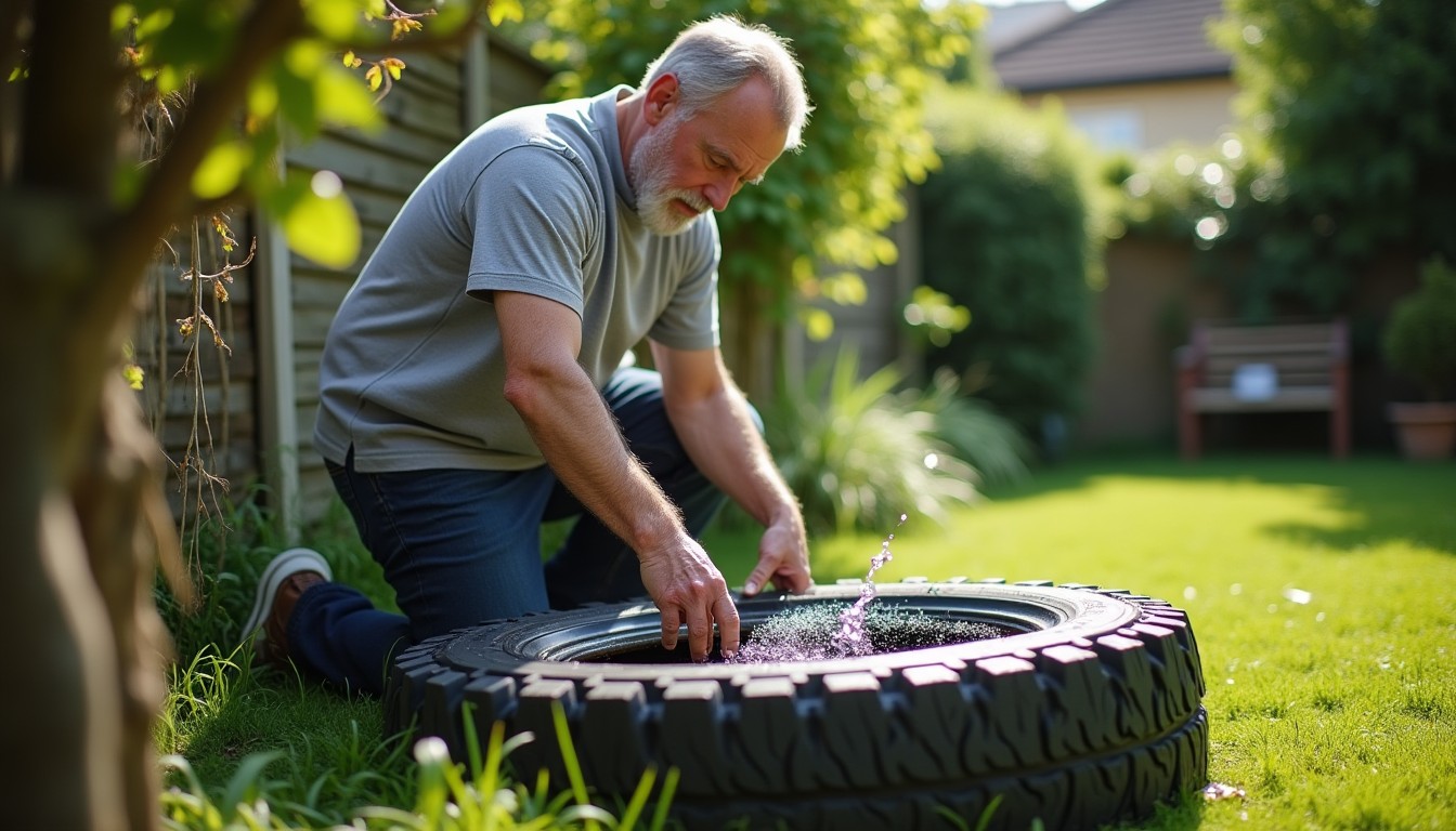Homeowner tipping standing water out of an old tyre in a back garden
