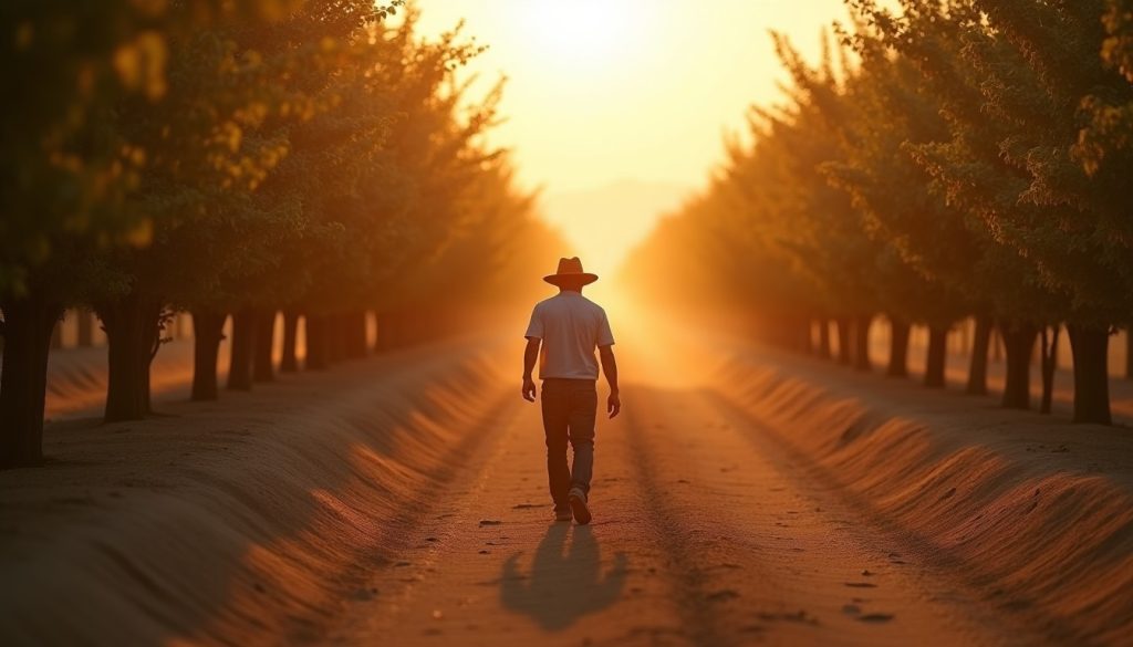 Farm worker walking along a sunlit almond orchard row