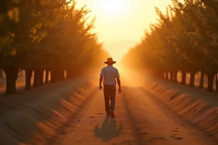 Farm worker walking along a sunlit almond orchard row