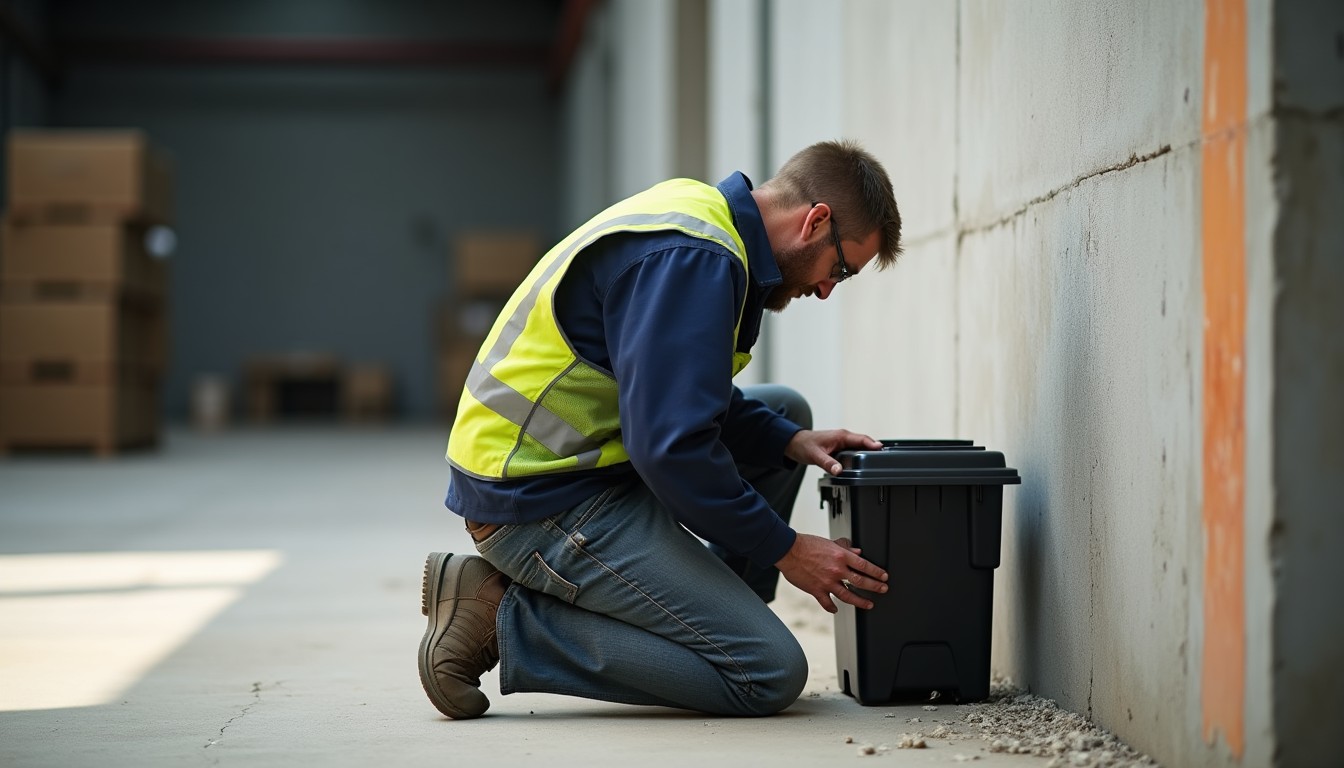 Maintenance worker checking a black bait box against a warehouse wall