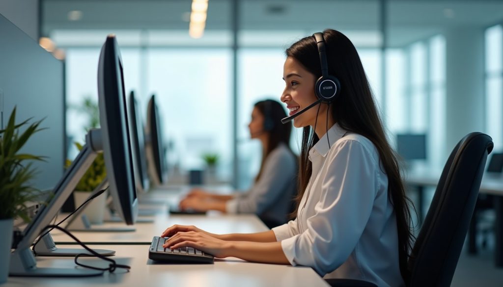 Call centre agent wearing a headset typing at a desk