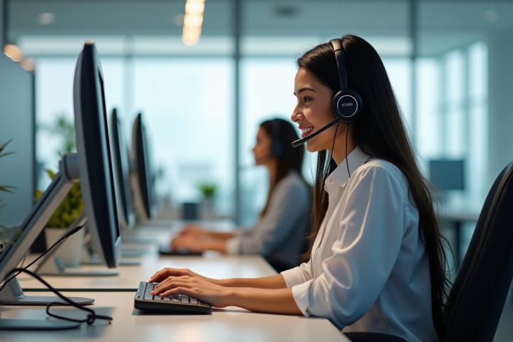 Call centre agent wearing a headset typing at a desk
