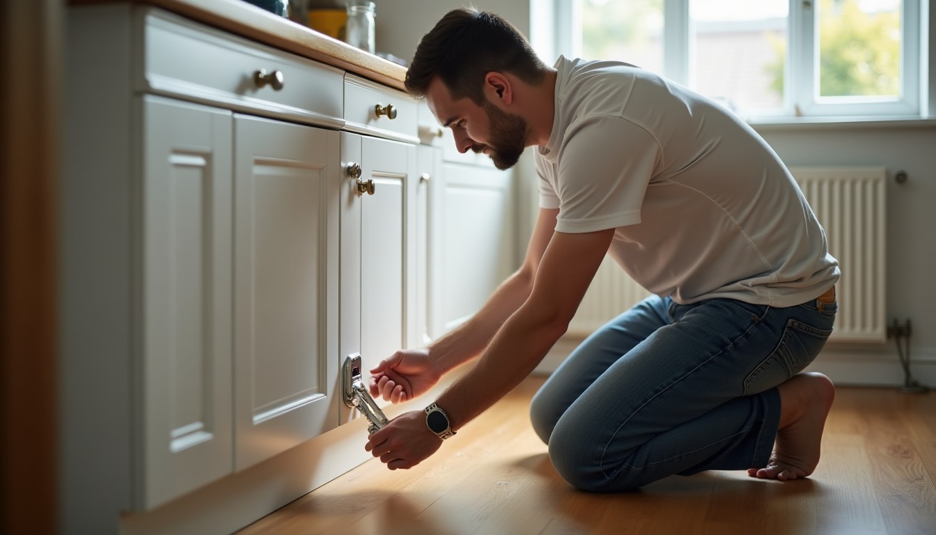 Father fitting a child safety latch to a low kitchen cupboard