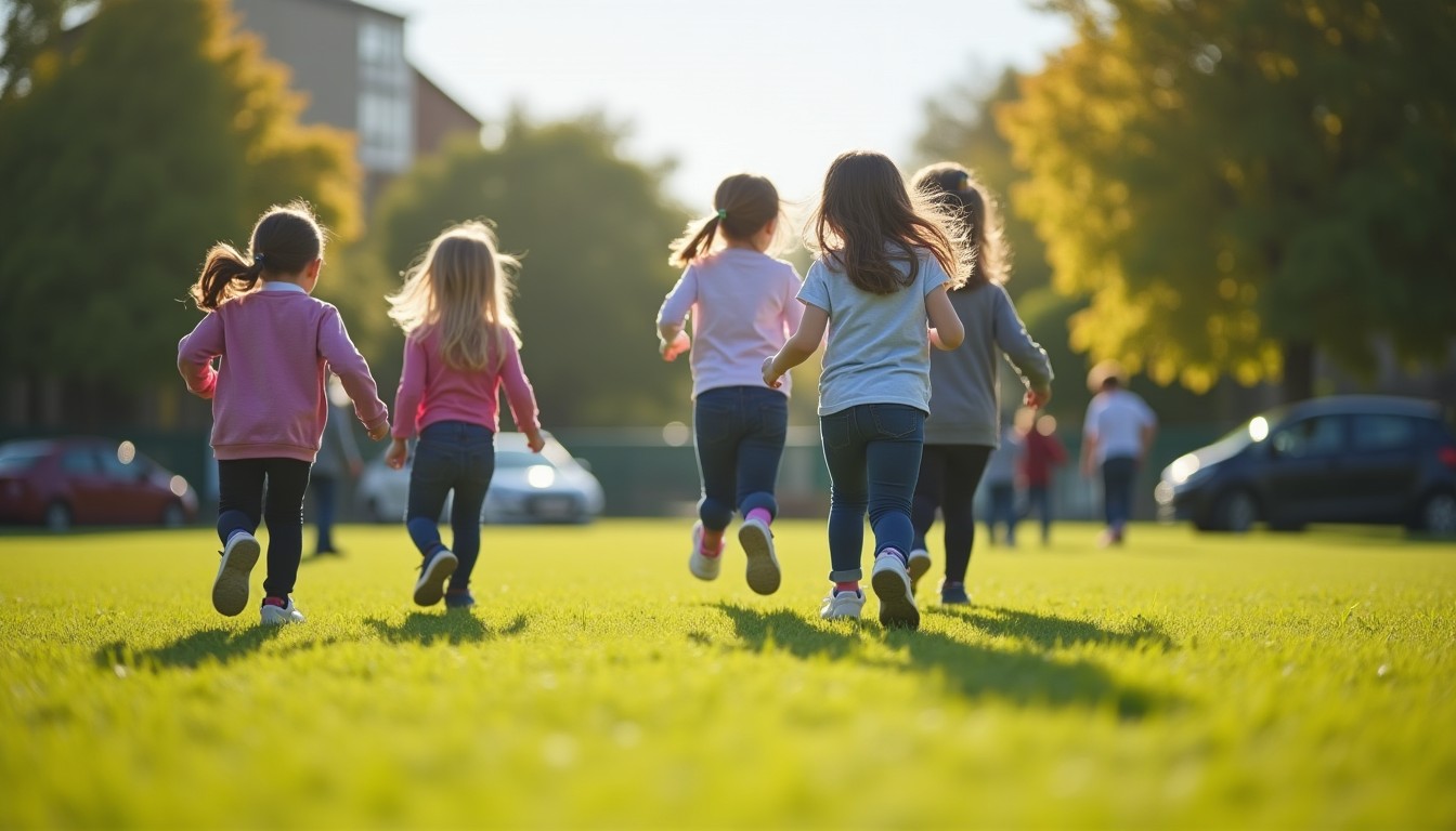 Children running across a school playing field at break time