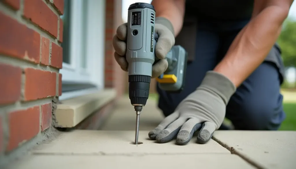 Gloved hands drilling a small hole into a concrete patio edge beside a house wall