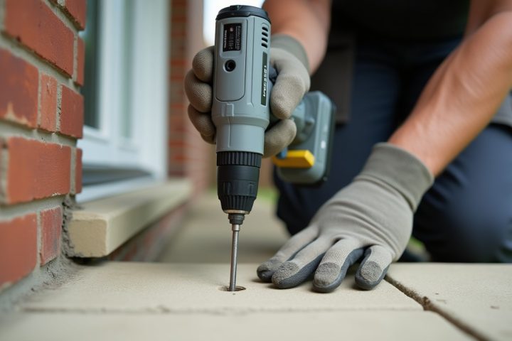 Gloved hands drilling a small hole into a concrete patio edge beside a house wall