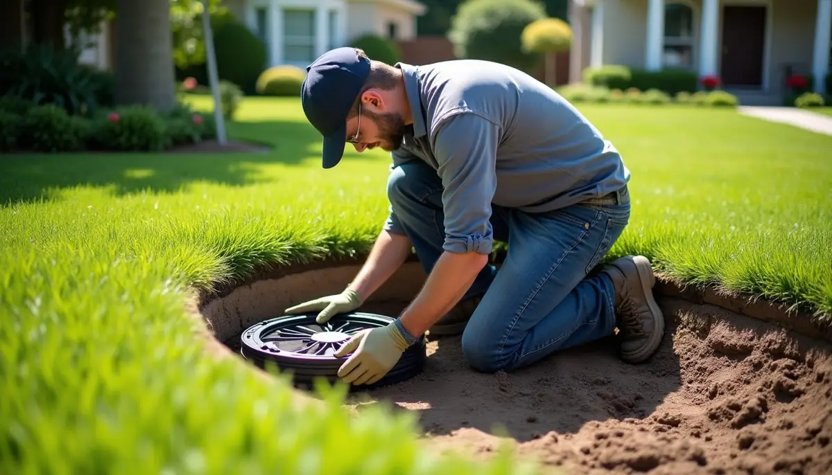 Worker setting a round in-ground station into a lawn beside a house foundation