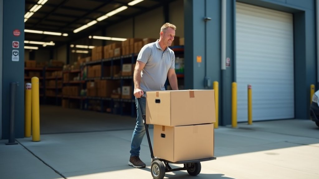 Worker pushing a hand truck of boxes across a loading dock