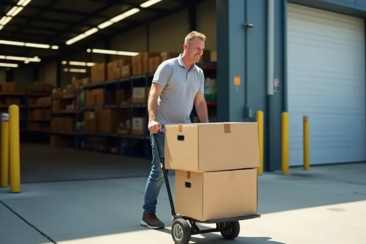 Worker pushing a hand truck of boxes across a loading dock