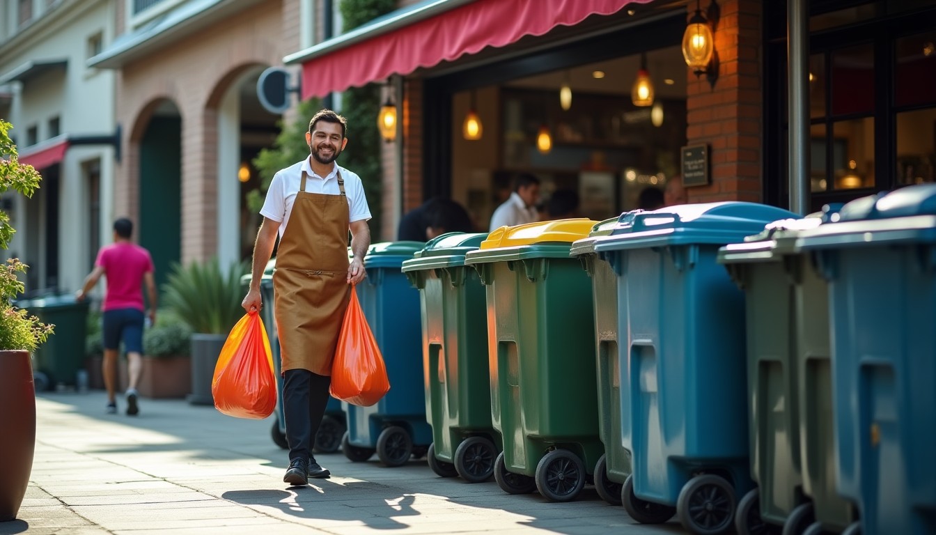 Restaurant worker carrying rubbish bags out to wheeled bins