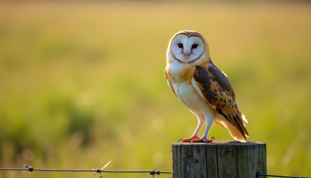 Barn owl perched on a fence post in a sunlit meadow