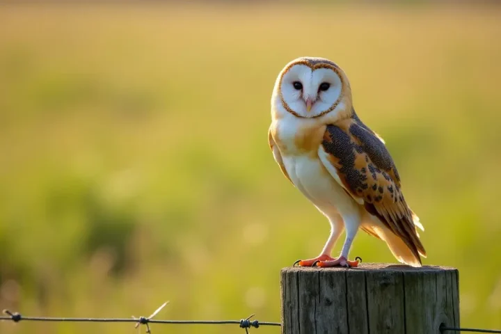 Barn owl perched on a fence post in a sunlit meadow