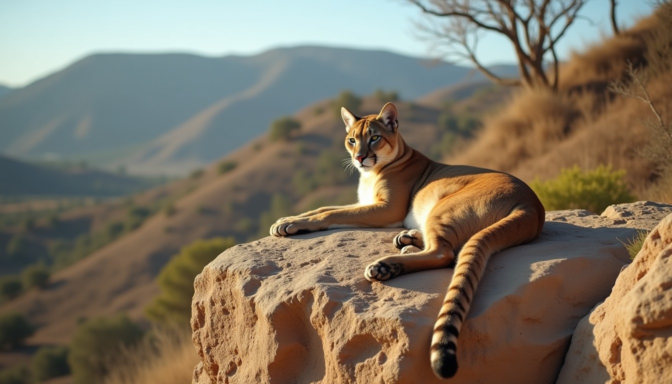 Mountain lion resting on a rocky ledge in dry Californian chaparral