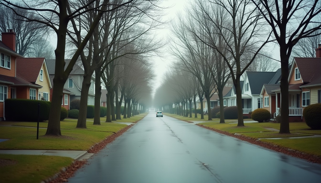 Residential street in mild winter with bare trees and green lawns under grey overcast light