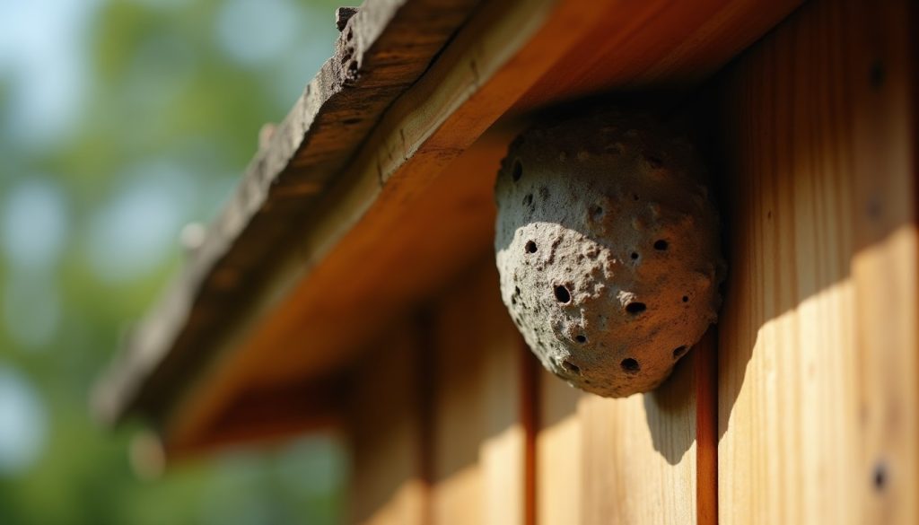 Grey papery wasp nest under the eave of a wooden house in summer sun